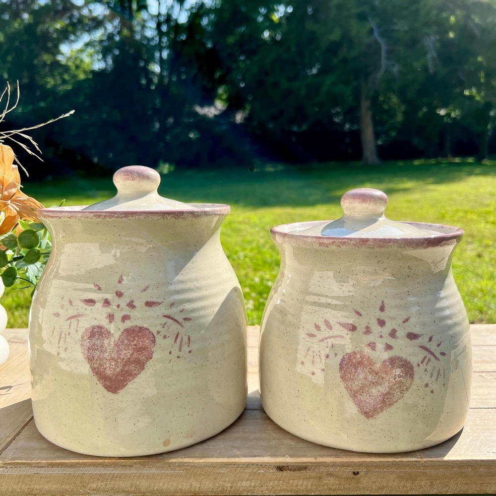 Vintage Pink Heart Spongeware Canisters | Set of 2